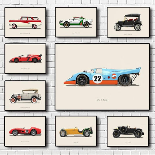 Modern sports car & classic retro car poster - canvas wall art for living room