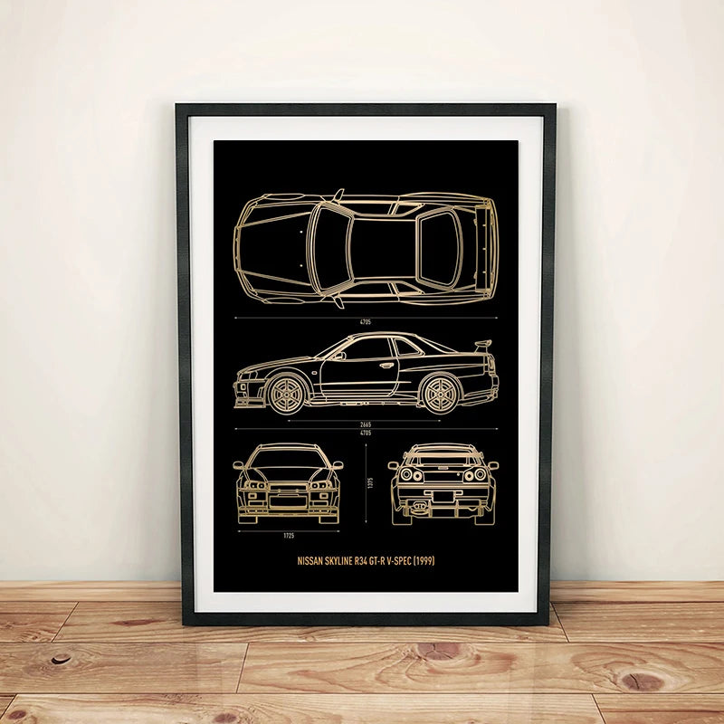 Load image into Gallery viewer, Cool Car Blueprint Canvas Print - Luxury Cars Wall Art for Boys&#39; Room
