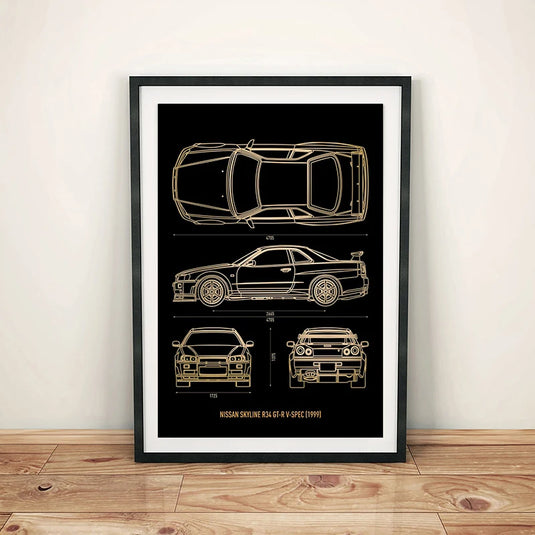 Cool Car Blueprint Canvas Print - Luxury Cars Wall Art for Boys' Room