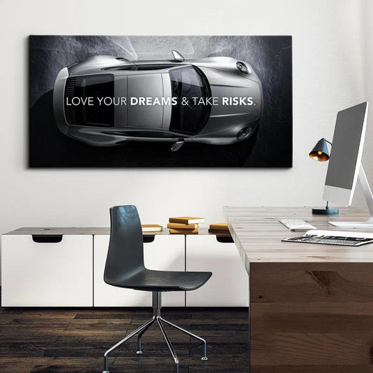 Love Your Dreams" motivational car poster - inspirational sports car canvas for office