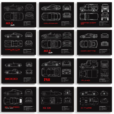 Classic car blueprint poster - black and white canvas print for boys' room