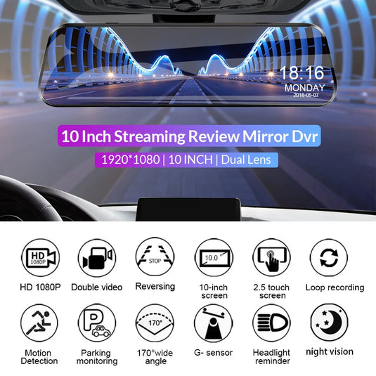 Touch Screen Rearview Mirror Dash Cam - Front and Rear Camera with DVR Video Recorder