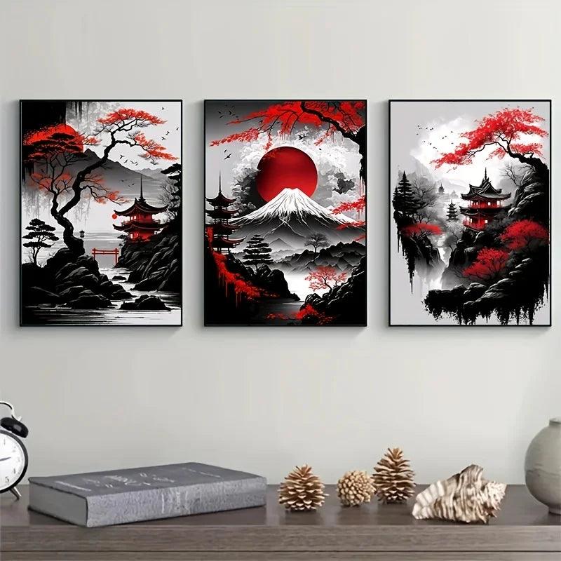 Load image into Gallery viewer, 3pcs Japanese landscape canvas painting - black and red vintage ink art, frameless
