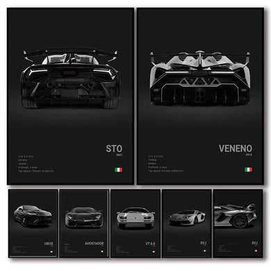 Black and white luxury supercar poster - SVJ, STO, Veneno canvas print