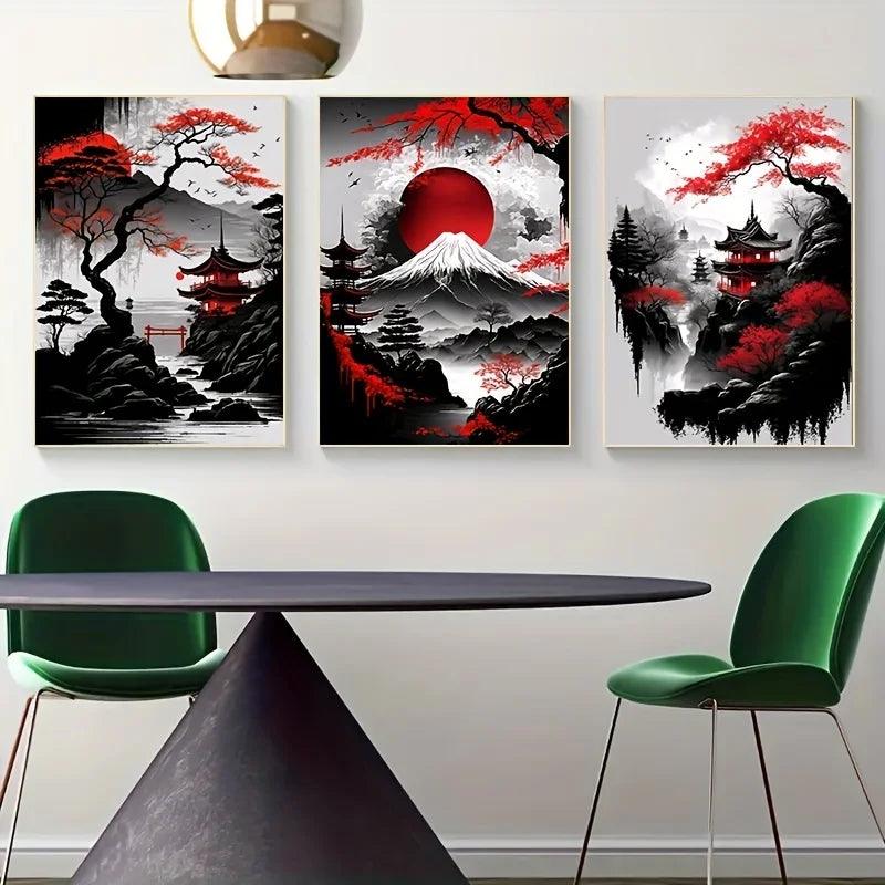 Load image into Gallery viewer, 3pcs Japanese landscape canvas painting - black and red vintage ink art, frameless
