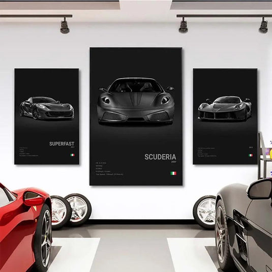 Black and white Italy cars poster - F40, GTO, GTB supercar canvas print