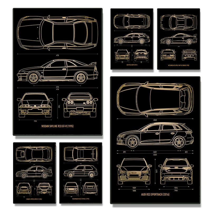 Load image into Gallery viewer, Cool Car Blueprint Canvas Print - Luxury Cars Wall Art for Boys&#39; Room
