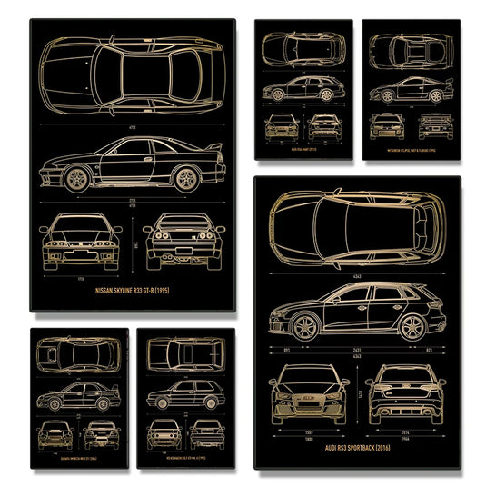 Cool Car Blueprint Canvas Print - Luxury Cars Wall Art for Boys' Room