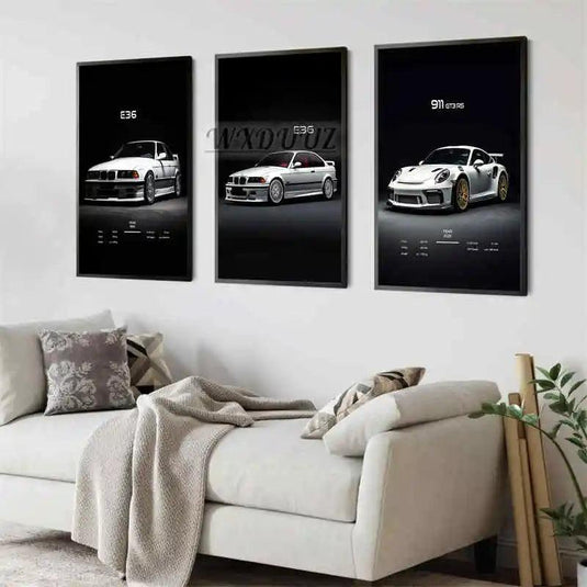 Black and white sports car poster set - M3 E36 GT3 canvas wall art for garage