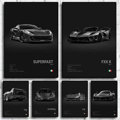 Black and white Italy cars poster - F40, GTO, GTB supercar canvas print