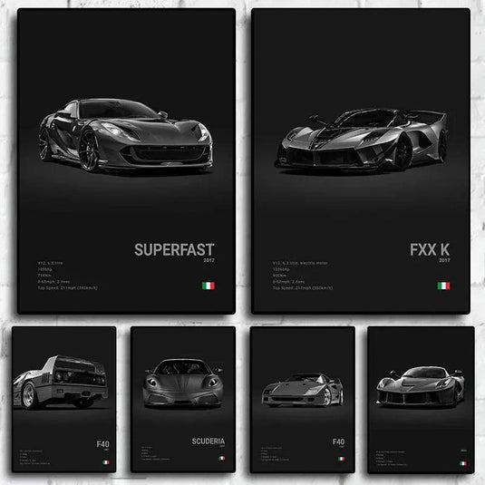 Black and white Italy cars poster - F40, GTO, GTB supercar canvas print