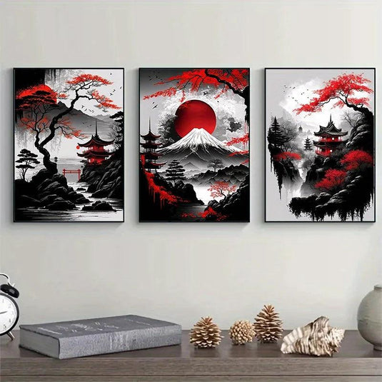 3pcs Japanese landscape canvas painting - black and red vintage ink art, frameless