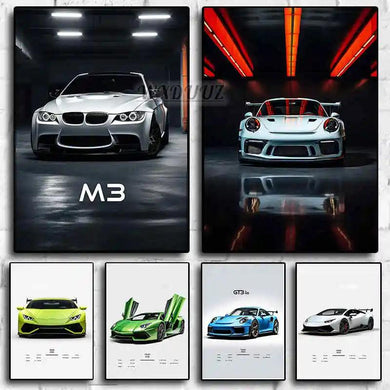 Black and white sports car poster set - M3 E36 GT3 canvas wall art for garage