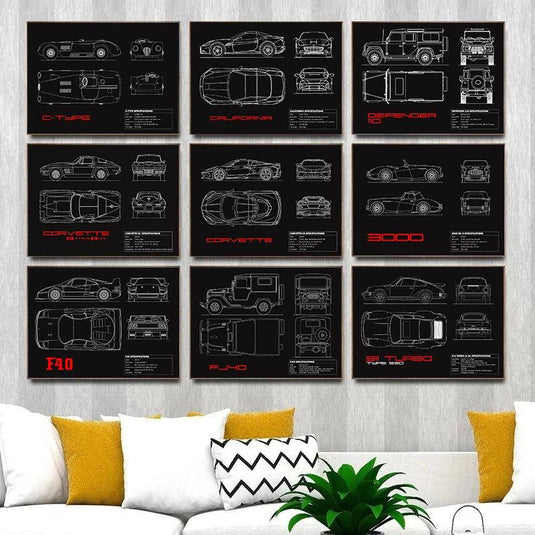 Classic car blueprint poster - black and white canvas print for boys' room