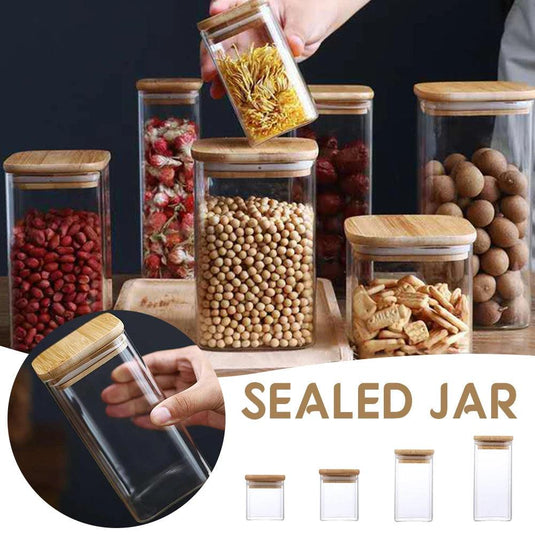 Glass food storage containers with wooden lids - kitchen organizers for snacks, fruit, candy, and more