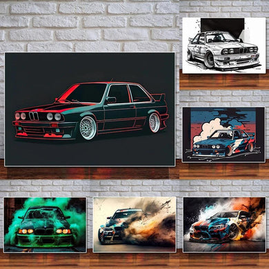 Large retro sports car poster - classic racing graffiti watercolor canvas