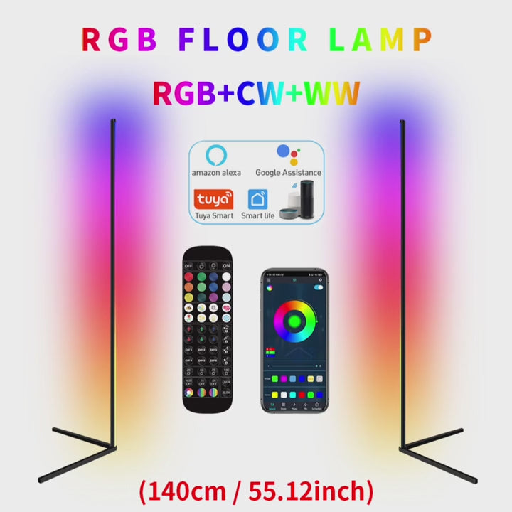 Load and play video in Gallery viewer, RGB Dimmable Corner Floor Lamp - 140cm, Smart APP, LED Mood Light, Nordic Decor
